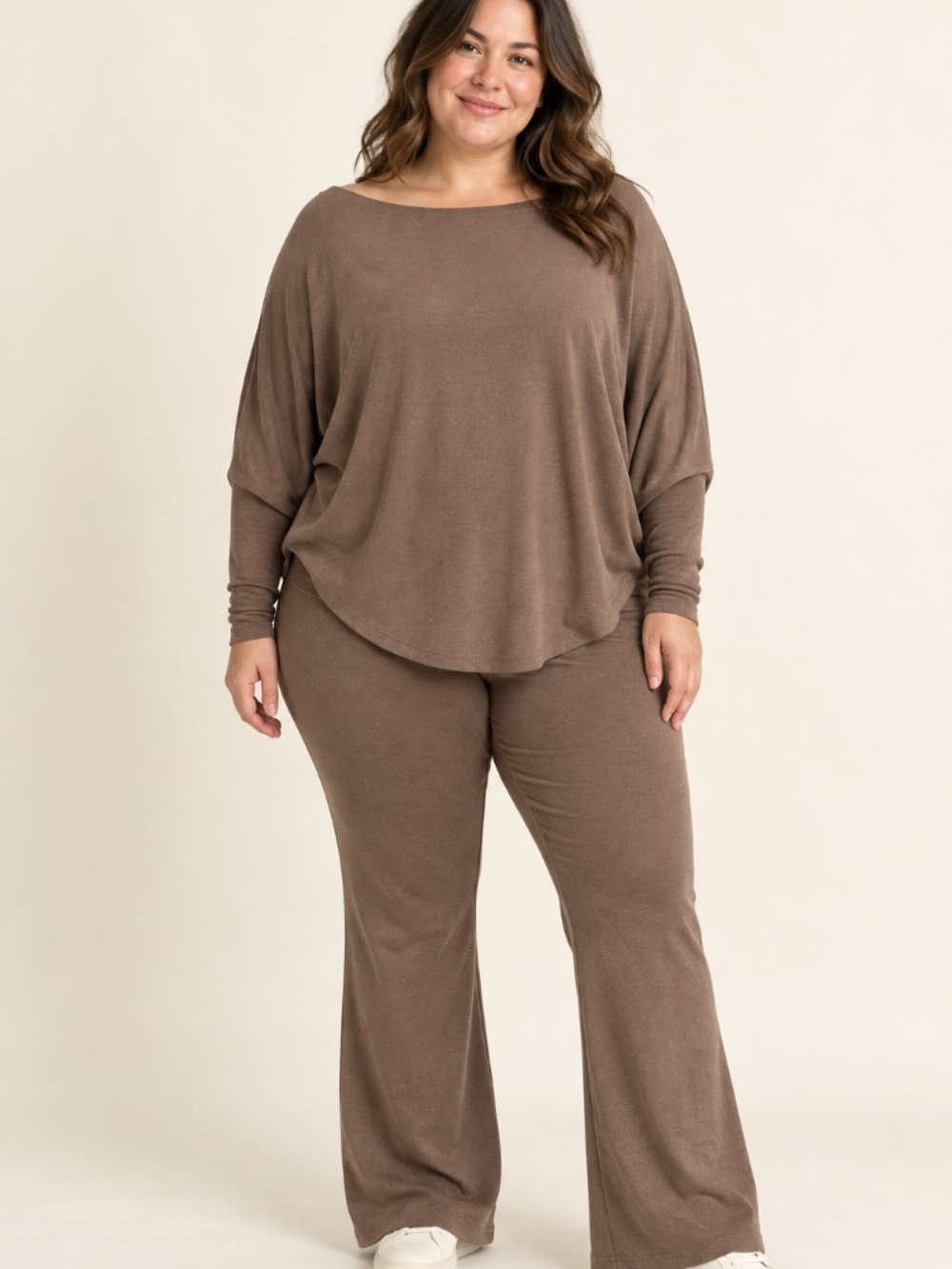 Zenana Mocha Dolman Boat Neck Top & Flare Pants 2-Piece Outfit